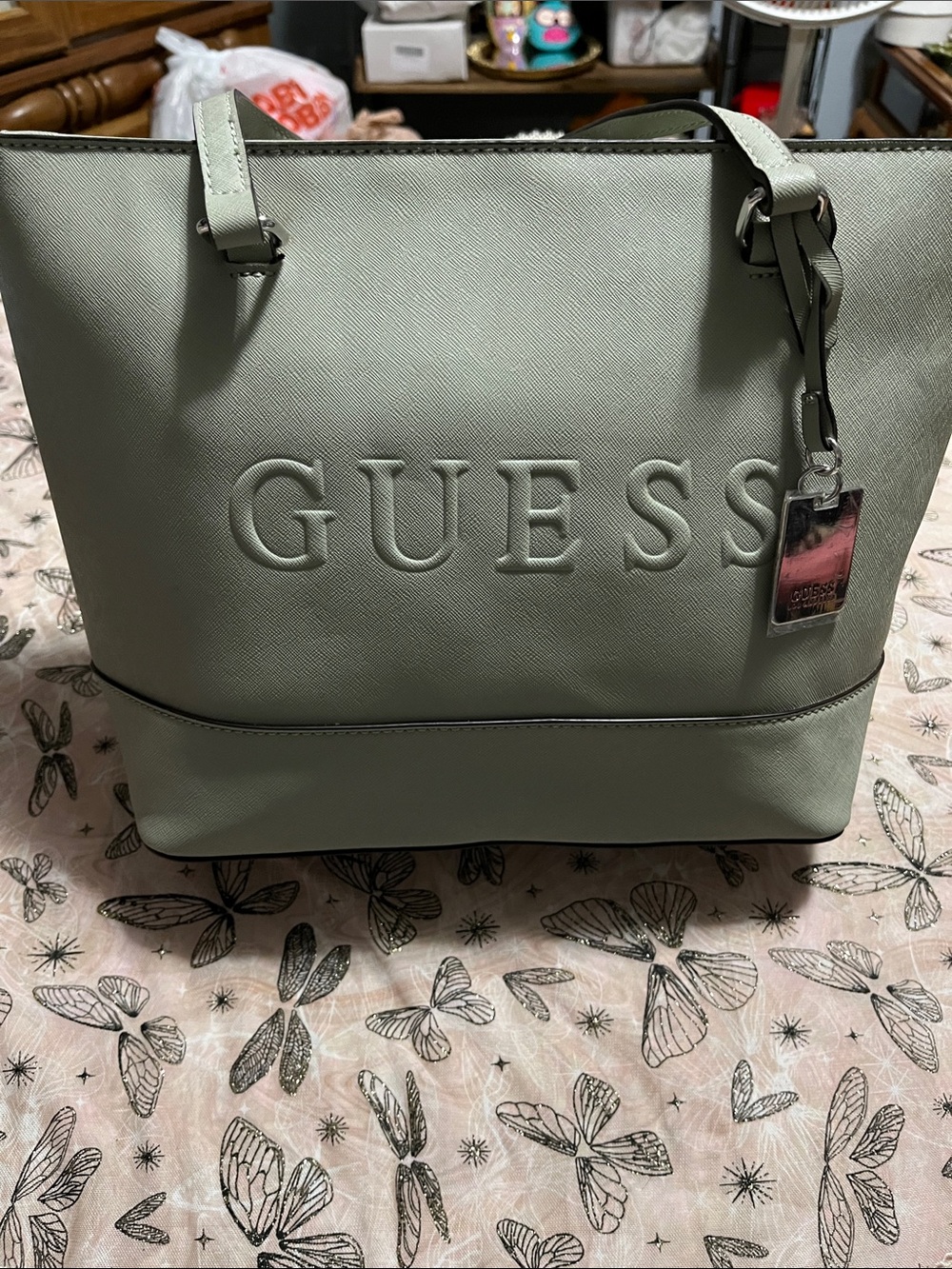 GUESS Pale Mint Green Embossed Logo Tote